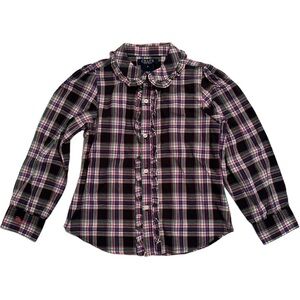 Chaps Plaid Ruffle Blouse, Girl’s 5, Button-down, Collar Purple, Green & Pink